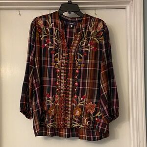 Johnny Was Plaid Blouse with Floral Embroidery
